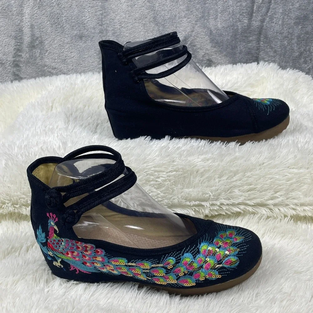 Unbranded Peacock Embroidered Wedges Womens 8.5 Black Good Canvas Boho Strappy